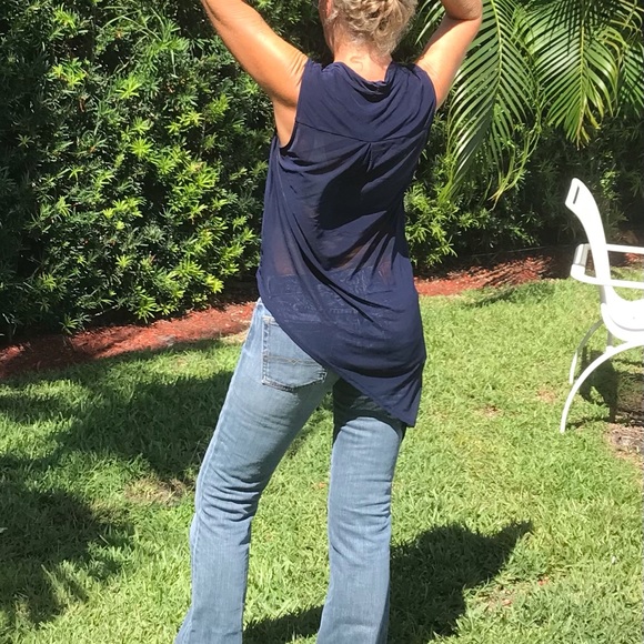 Bebe Dark Blue Sleeveless Asymmetrical Blouse - Picture 1 of 4